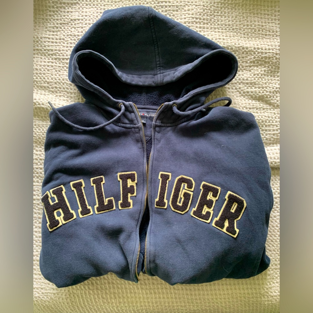 Dark blue unisex vintage Tommy Hilfiger oversized zip sweatshirt jacket